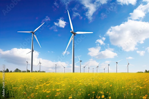 Offshore Windmill farm windmills on a beautiful bright day.Generative AI