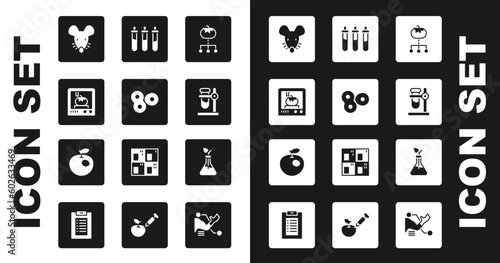 Set Genetically modified food, Cell division, 3D printing technology, Experimental mouse, Test tube flask stand, Reagent bottle, Plant breeding and apple icon. Vector