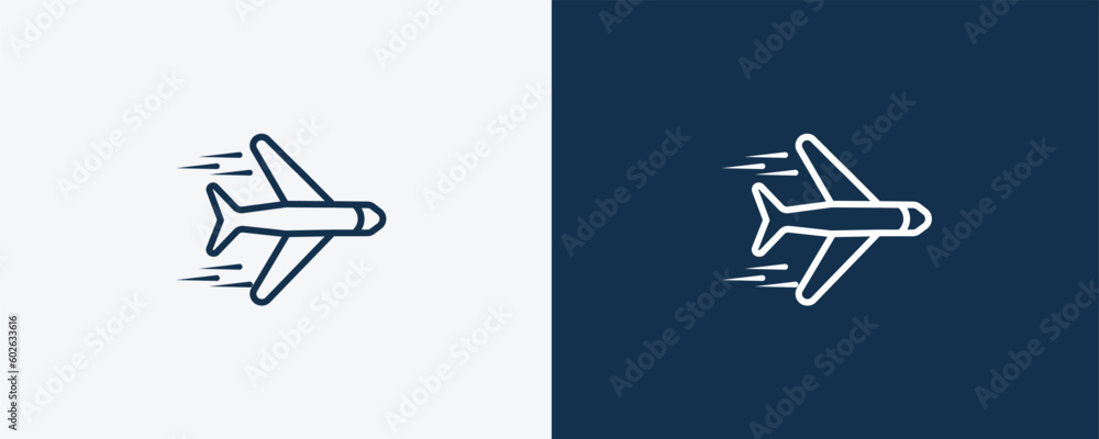 airplane flying icon. Outline  airplane flying icon from transportation collection. Linear vector isolated on white and dark blue background. Editable airplane flying symbol can be used web and mobile