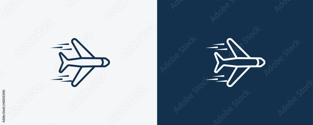 airplane flying icon. Outline airplane flying icon from transportation collection. Linear vector isolated on white and dark blue background. Editable airplane flying symbol can be used web and mobile airplane flying icon. Outline airplane flying icon from transportation collection. Linear vector isolated on white and dark blue background. Editable airplane flying symbol can be used web and mobile