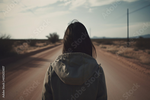 Woman alone in the middle of a deserted road. Generative AI