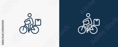 delivery bike icon. Outline  delivery bike icon from transportation collection. Linear vector isolated on white and dark blue background. Editable delivery bike symbol can be used web and mobile