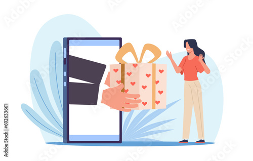 Woman gets box with gift from her phone screen, loyalty program and bonus, internet shopping, sale and discount, product promotion. Cartoon flat isolated vector online reward concept