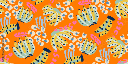 Bright saturated graffiti tropical colorful art pattern with bananas.