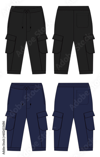 Fleece cotton jersey basic Sweat pant technical drawing fashion flat sketch template front and back views. Apparel jogger pants vector illustration black and navy color mock up for kids and boys.