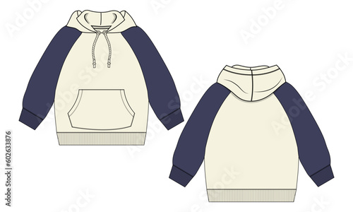  Two tone color Long Sleeve Hoodie technical fashion flat sketch vector illustration template front and back views. Fleece jersey sweatshirt hoodie mock up for men's and boys. 