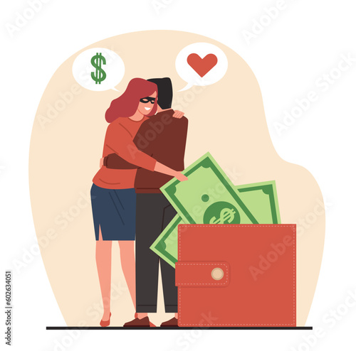 Woman scammer steals money from purse of man in love. Fake relationships, female thief, dangerous romantic feelings, illegal behavior, trusting person cartoon flat style vector concept