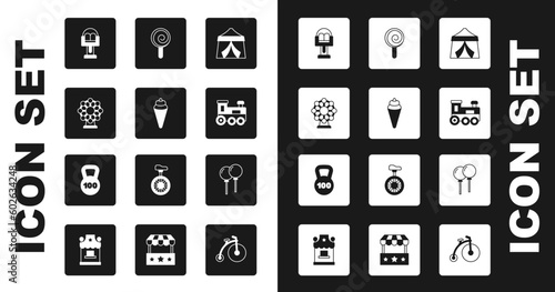Set Circus tent, Ice cream in waffle cone, Ferris wheel, Attraction carousel, Toy train, Lollipop, Balloons with ribbon and Weight icon. Vector