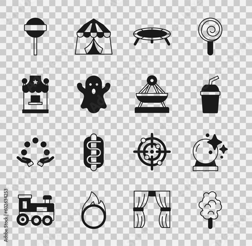 Set Cotton candy, Magic ball, Paper glass with water, Jumping trampoline, Ghost, Ticket box office, Lollipop and Boat swing icon. Vector