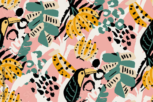 Saturated wild bright tropical positive cheerful multicolored abstract seamless summer patern. Tropics with palms, bananas, leaves, birds and spots of wild animals, tiger and leopard.