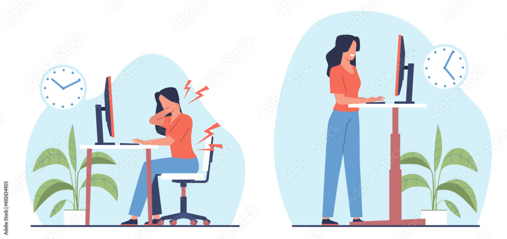 Woman works in an office sitting at computer or standing using standing desk. Home or office workplace. Ergonomic table, healthy workstation. Cartoon flat style isolated vector concept Woman works in an office sitting at computer or standing using standing desk. Home or office workplace. Ergonomic table, healthy workstation. Cartoon flat style isolated vector concept