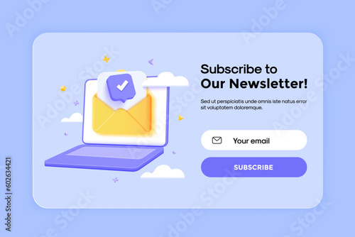 Fotografie, Tablou Subscribe to newsletter banner template with laptop and letter envelope
