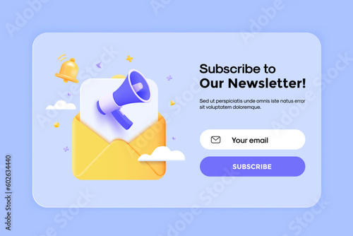 Subscribe to newsletter banner template with letter envelope and megaphone. Email business marketing concept. Subscription to news and promotions. Registration form. Web button mockup. 3D Vector