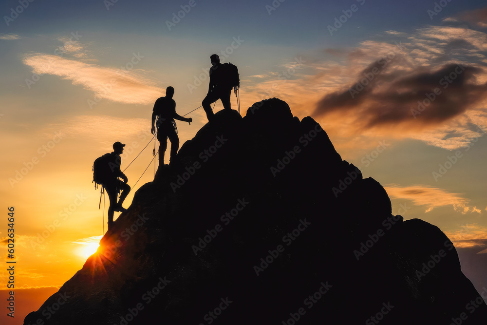 Climbers silhouette. Group of people climbing mountains together, enjoying nature and beautiful views in sunset lighting. Generative AI