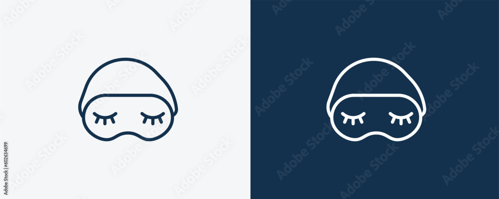 sleeping mask icon. Outline sleeping mask icon from fashion and things collection. Linear vector isolated on white and dark blue background. Editable sleeping mask symbol. sleeping mask icon. Outline sleeping mask icon from fashion and things collection. Linear vector isolated on white and dark blue background. Editable sleeping mask symbol.