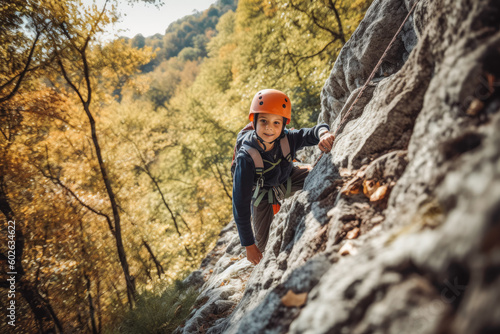 Child on via ferrata. Happy sporty and active child climbing with helmet and backpack. Beautiful views in background. Generative AI