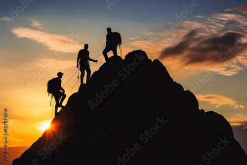 Climbers silhouette. Group of people climbing mountains together, enjoying nature and beautiful views in sunset lighting. Generative AI © VisualProduction
