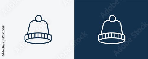 knit hat icon. Outline knit hat icon from fashion and things  collection. Linear vector isolated on white and dark blue background. Editable knit hat symbol.