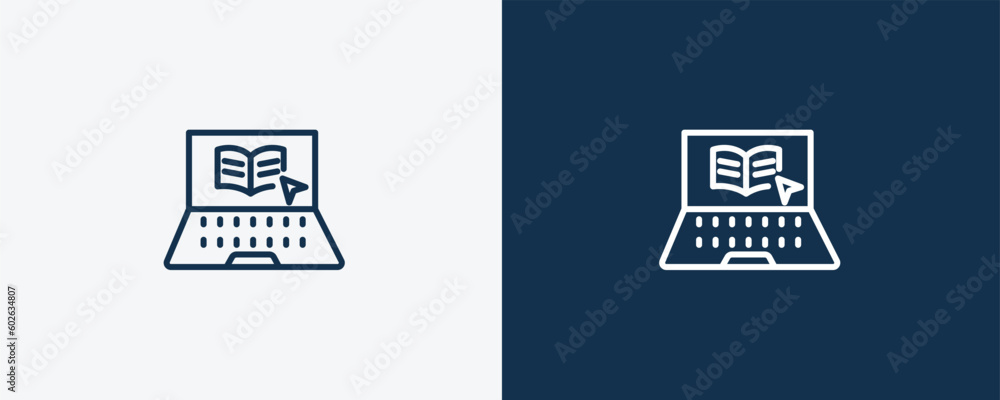 elearning icon. Outline elearning icon from distance learning collection. Linear vector isolated on white and dark blue background. Editable elearning symbol.. elearning icon. Outline elearning icon from distance learning collection. Linear vector isolated on white and dark blue background. Editable elearning symbol..