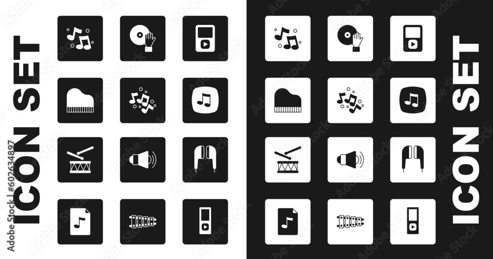 Set Music player, note, tone, Grand piano, DJ playing music, Air headphones and Drum with drum sticks icon. Vector Set Music player, note, tone, Grand piano, DJ playing music, Air headphones and Drum with drum sticks icon. Vector