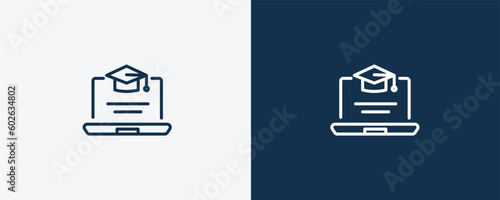 online course icon. Outline online course icon from distance learning collection. Linear vector isolated on white and dark blue background. Editable online course symbol..