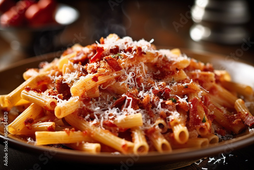 A plate of pasta with meat and parmesan cheese. Generative AI.