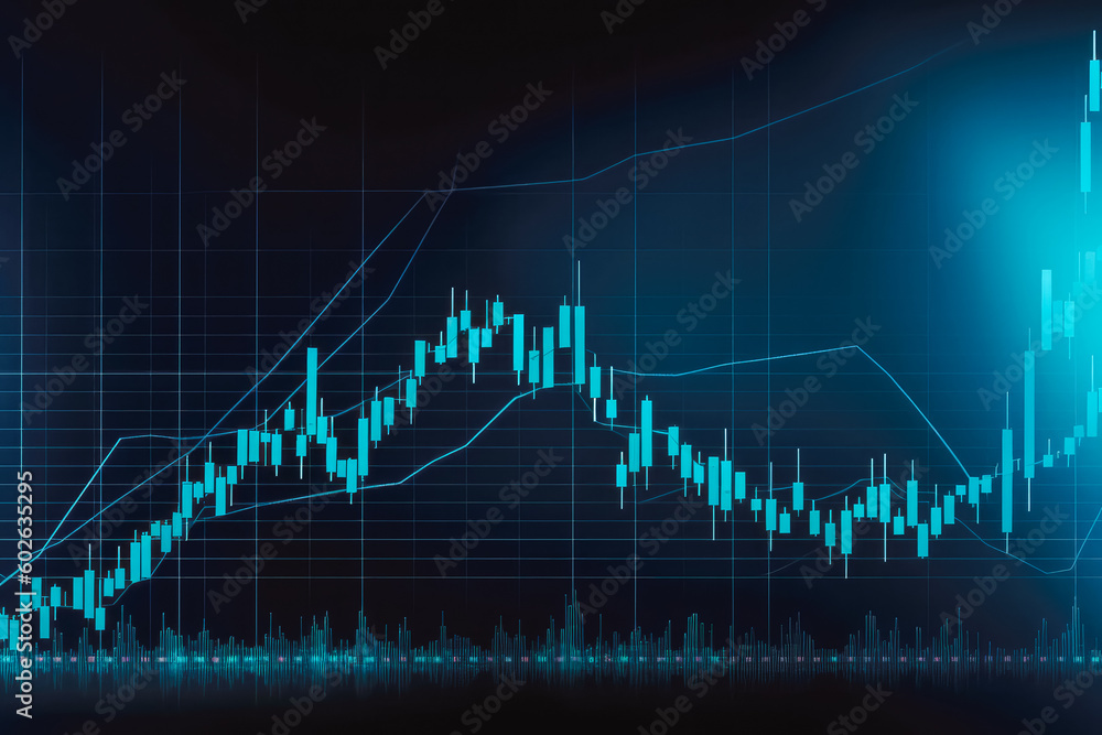 Wide screen abstract financial chart with uptrend line. Generative AI