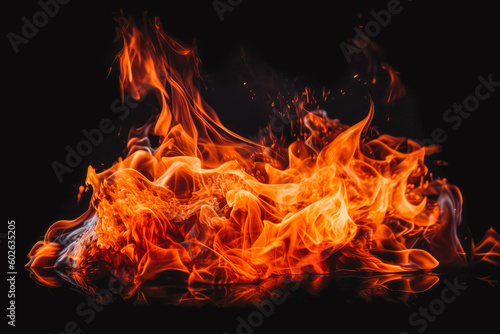 Fire flames on black background. Bright and hot fire burning on ground. Generative AI © VisualProduction