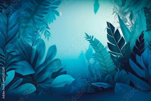 Collection of tropical leaves foliage plant blue color background. Generative AI