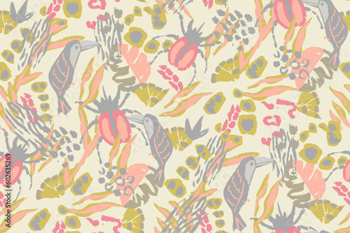 Saturated wild bright tropical positive cheerful multicolored abstract seamless summer patern. Tropics with palms, bananas, leaves, birds and spots of wild animals, tiger and leopard.