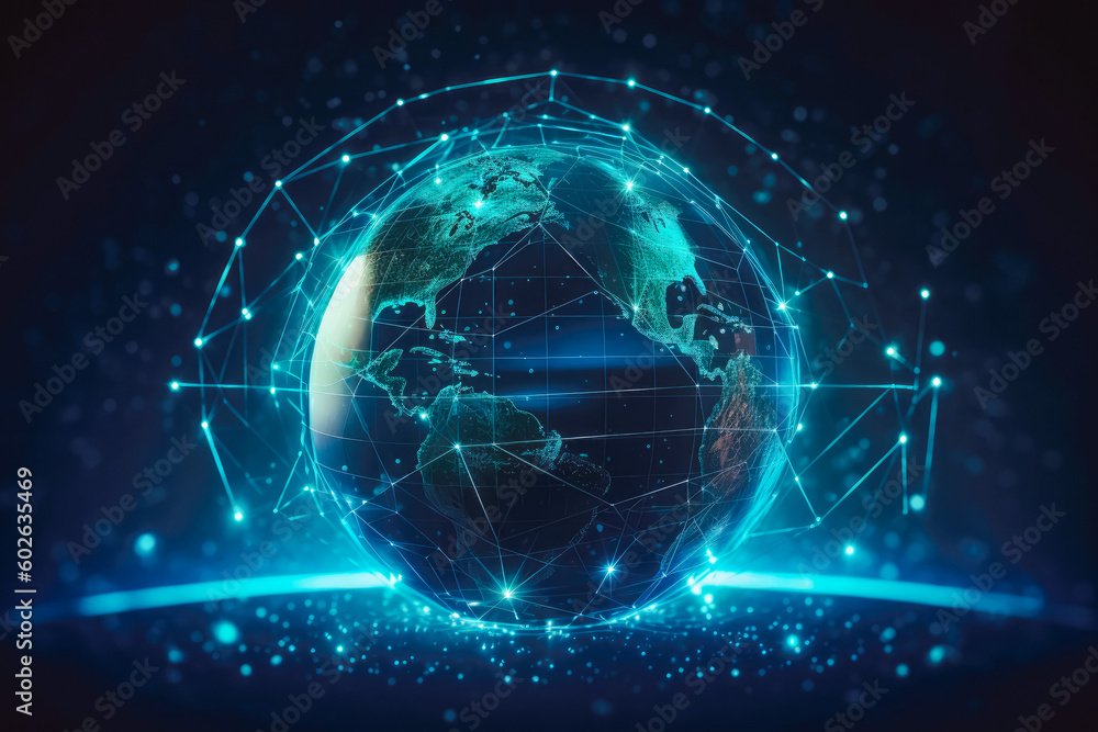 Naklejka premium Blockchain technology futuristic hub background with globe world. Generative AI