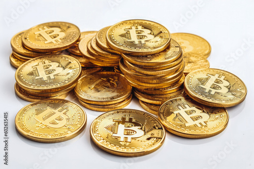 Photo golden bitcoins new virtual money. Generative AI