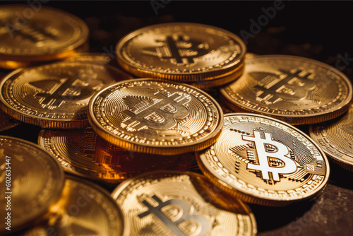 Photo golden bitcoins new virtual money. Generative AI