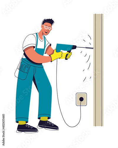 Professional home worker drilling a concrete wall. Worker with a hand drill. House maintenance service concept