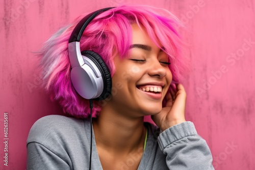 Portrait of beautiful african american girl with headphones, pink hair smiling. Generative AI.