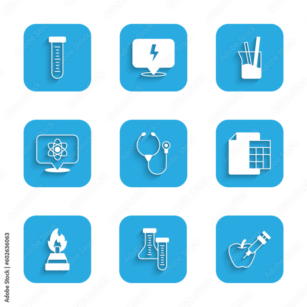 Set Stethoscope, Test tube, Genetically modified apple, Calculator, Alcohol spirit burner, Atom, Laboratory glassware and icon. Vector Set Stethoscope, Test tube, Genetically modified apple, Calculator, Alcohol spirit burner, Atom, Laboratory glassware and icon. Vector