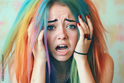 Face of teen girl with colored hair. Expression of lonely, sad female teenager. Depression, pain, suffering. Generative AI.