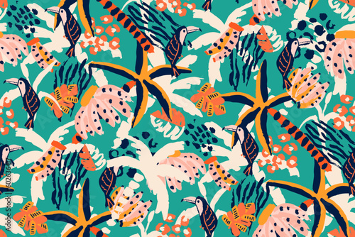 Saturated wild bright tropical positive cheerful multicolored abstract seamless summer patern. Tropics with palms, bananas, leaves, birds and spots of wild animals, tiger and leopard.