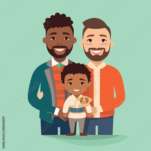 Interracial gay couple with their child flat design