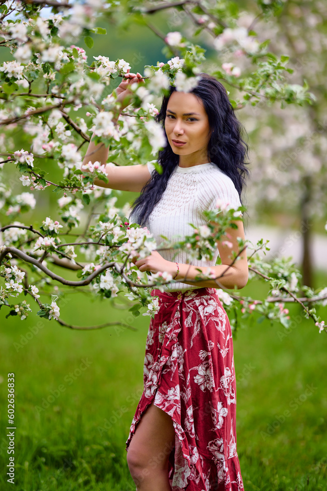 portrait of a beautiful brunette woman in a blossoming apple orchard portrait of a beautiful brunette woman in a blossoming apple orchard