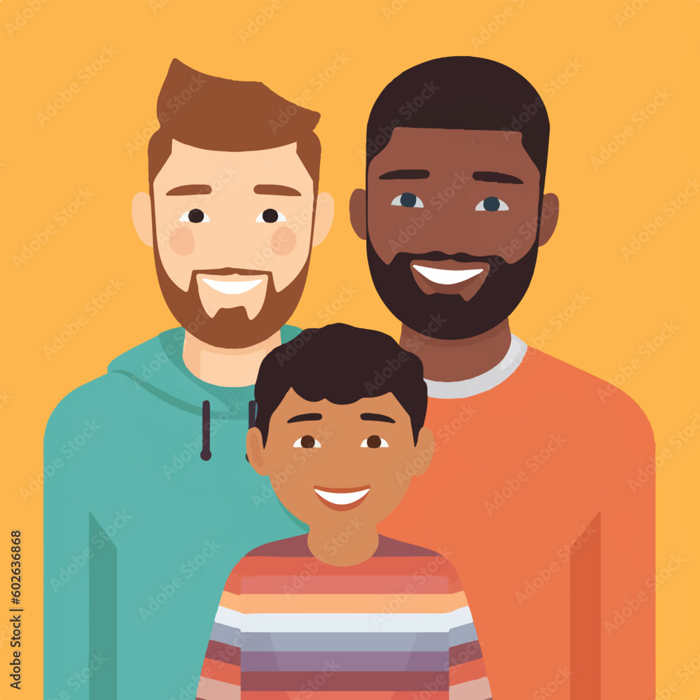 Interracial gay couple with their child flat design
