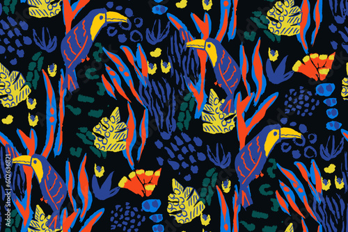 Saturated wild bright tropical positive cheerful multicolored abstract seamless summer patern. Tropics with palms, bananas, leaves, birds and spots of wild animals, tiger and leopard.