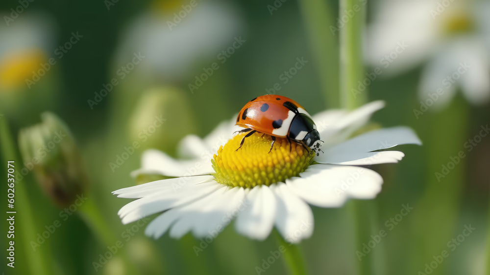 Macro closeup photography of beauty beautiful black and red ladybug sits on camomile flower, in summer / springtime, at garden, isolated on blurred background. Generative AI Macro closeup photography of beauty beautiful black and red ladybug sits on camomile flower, in summer / springtime, at garden, isolated on blurred background. Generative AI