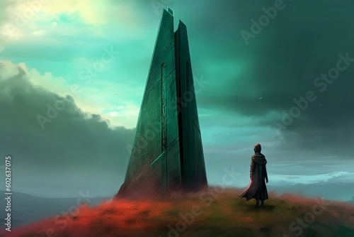 Sci-fi obelisk on a hill, person in cloak performing ritual - Fantasy 3D illustration - Generative AI