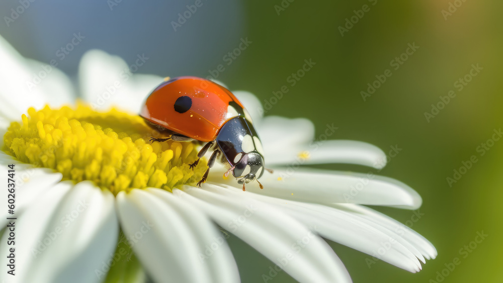 Macro closeup photography of beauty beautiful black and red ladybug sits on camomile flower, in summer / springtime, at garden, isolated on blurred background. Generative AI Macro closeup photography of beauty beautiful black and red ladybug sits on camomile flower, in summer / springtime, at garden, isolated on blurred background. Generative AI