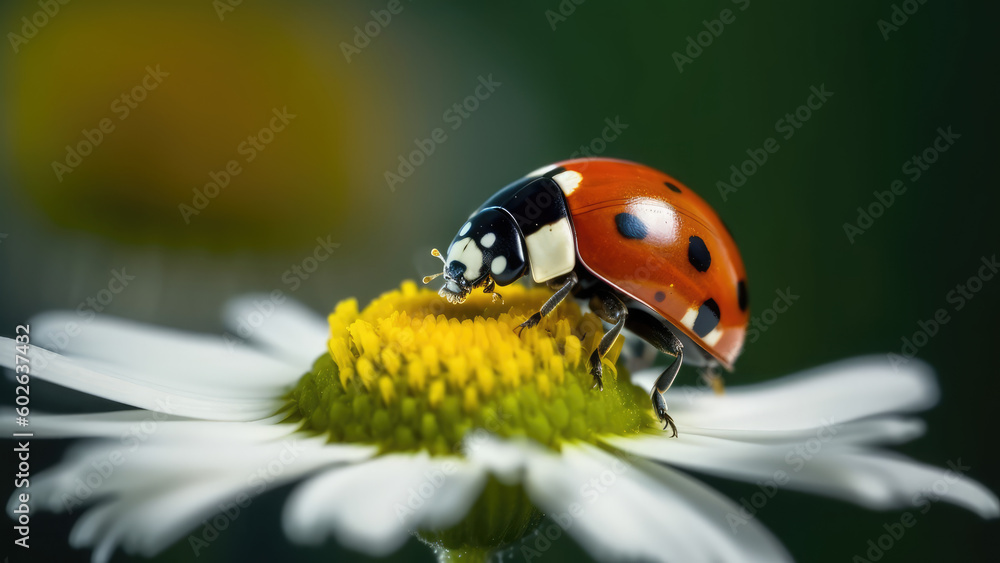 Macro closeup photography of beauty beautiful black and red ladybug sits on camomile flower, in summer / springtime, at garden, isolated on blurred background. Generative AI