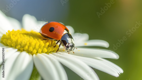 Macro closeup photography of beauty beautiful black and red ladybug sits on camomile flower, in summer / springtime, at garden, isolated on blurred background. Generative AI