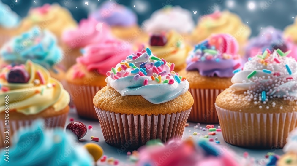 Colorful tasty birthday cupcakes. Generative AI