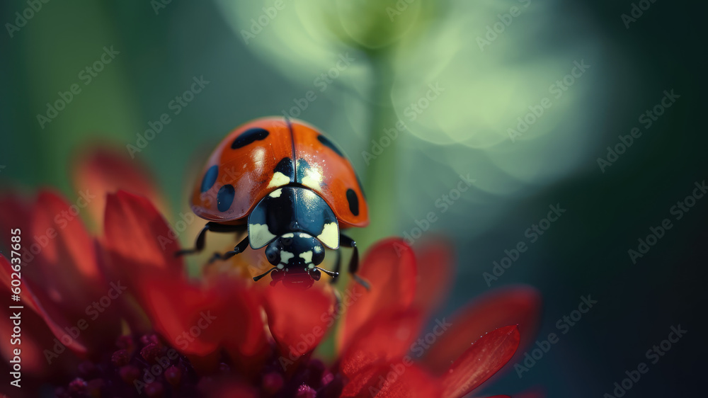 Macro closeup photography of beauty beautiful black and red ladybug sits on camomile flower, in summer / springtime, at garden, isolated on blurred background. Generative AI Macro closeup photography of beauty beautiful black and red ladybug sits on camomile flower, in summer / springtime, at garden, isolated on blurred background. Generative AI