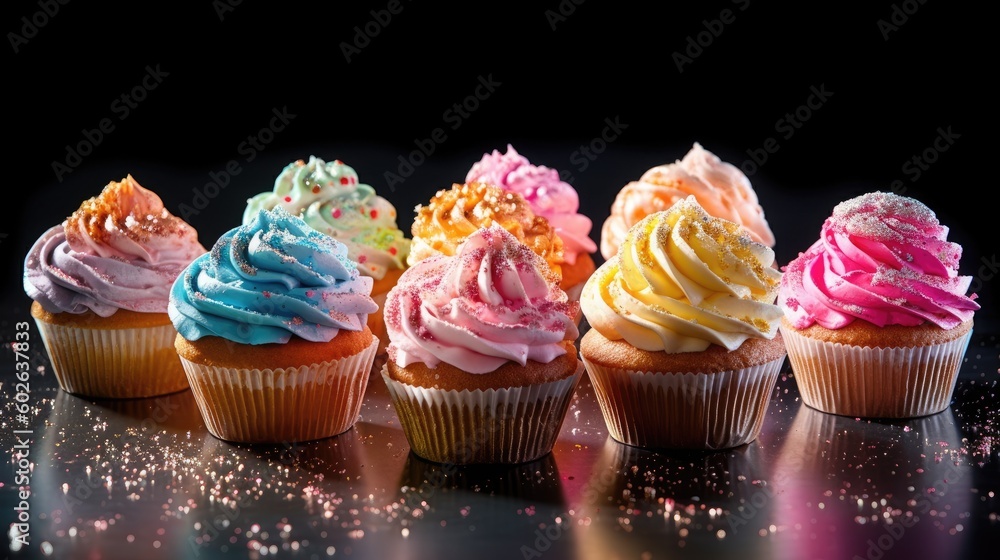 Colorful tasty birthday cupcakes. Generative AI Colorful tasty birthday cupcakes. Generative AI